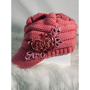 C.C Exclusives Pink Knit Newsboy Beanie Hat Floral Rosette Visor Cap YJ801